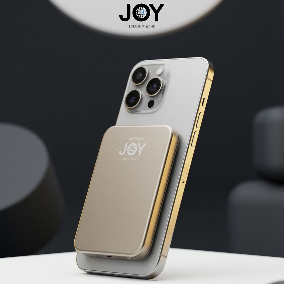 Älypuhelin, jossa on metallinen kotelo tummaa taustaa vasten ja jossa näkyy ”JOY”-brändi.