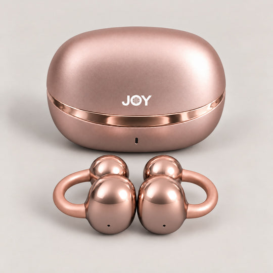 JoyClips Rose – latauskotelo ja kuulokkeet edestä